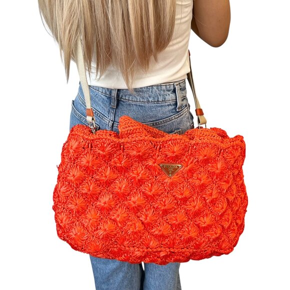 PRADA Vintage Triangle Logo Raffia Tote Bag Crossbody 2way Orange [105629] - Picture 1 of 13